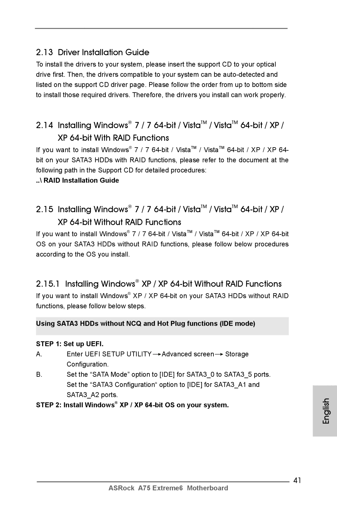 ASRock A75 Extreme6 manual Driver Installation Guide, Installing Windows XP / XP 64-bit Without RAID Functions 