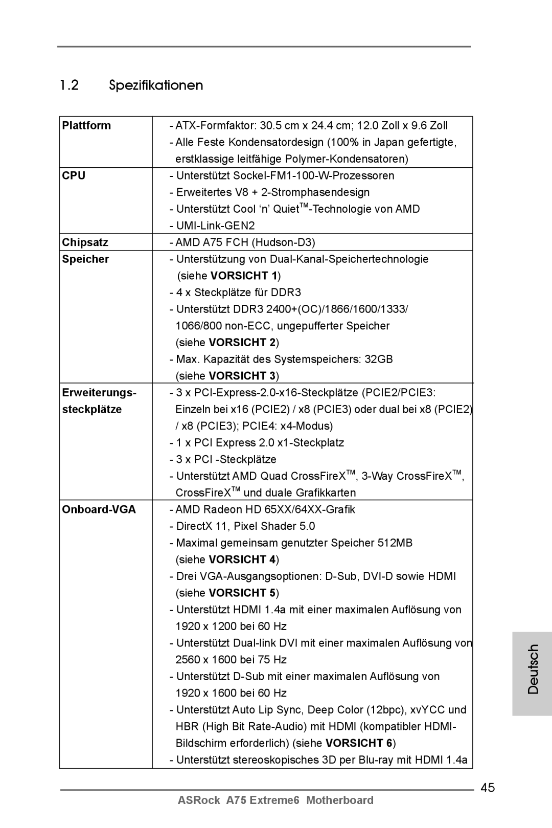 ASRock A75 Extreme6 manual Spezifikationen 