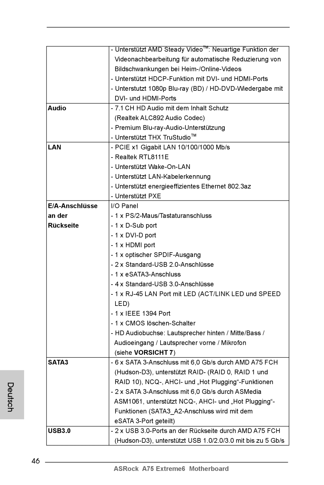 ASRock A75 Extreme6 manual Anschlüsse, An der, Rückseite, USB3.0 