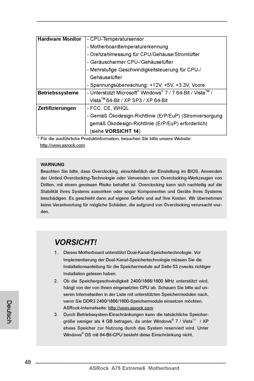 ASRock A75 Extreme6 manual Zertifizierungen, FCC, CE, Whql 