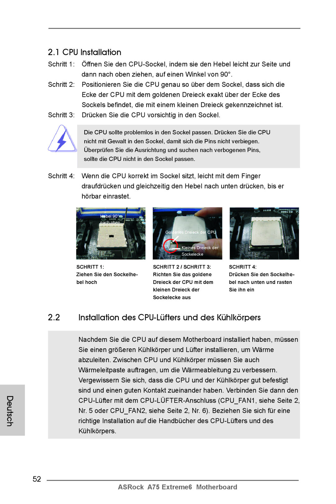 ASRock A75 Extreme6 manual Deutsch CPU Installation, Installation des CPU-Lüfters und des Kühlkörpers 