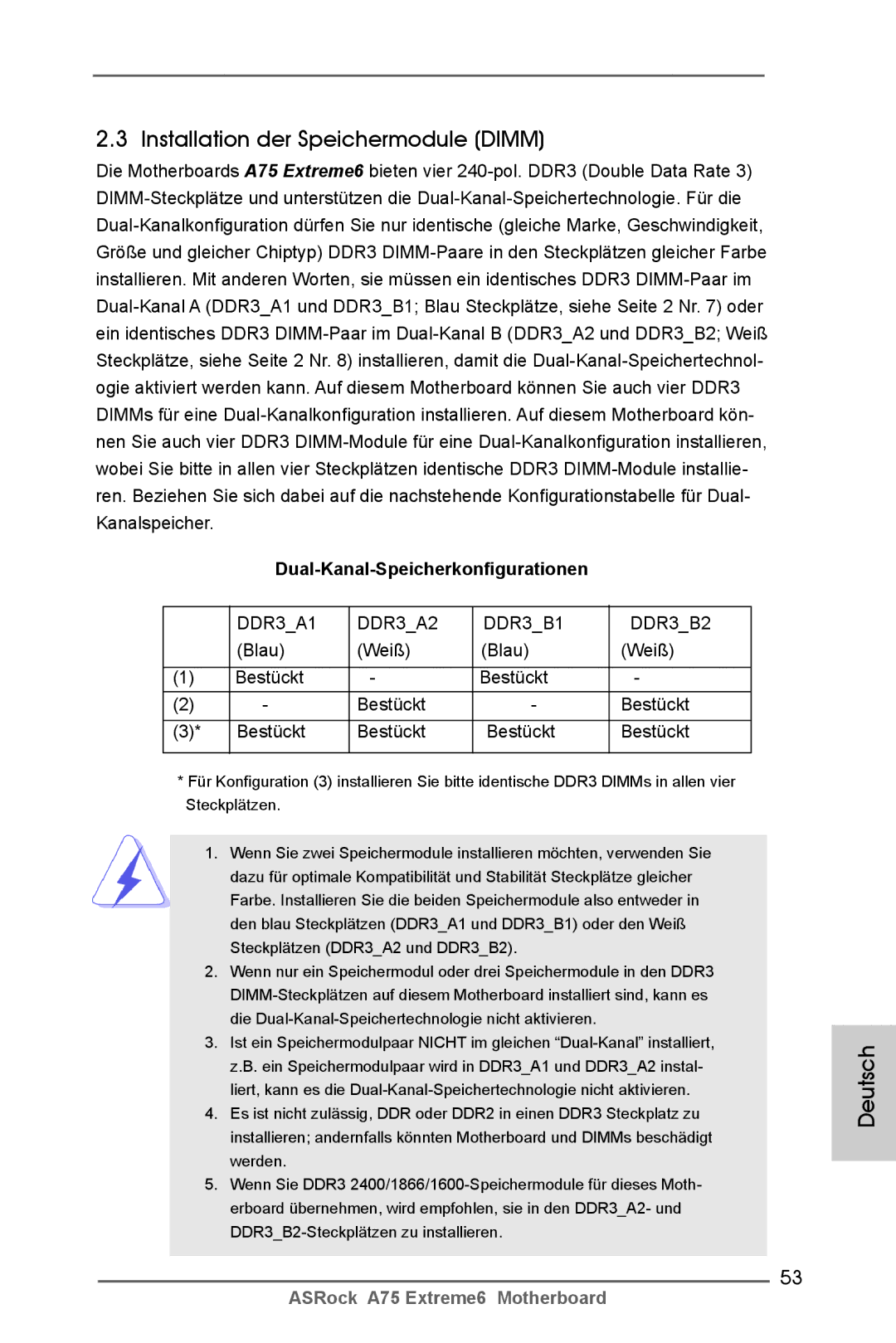 ASRock A75 Extreme6 manual Installation der Speichermodule Dimm, Dual-Kanal-Speicherkonfigurationen, Blau Weiß Bestückt 