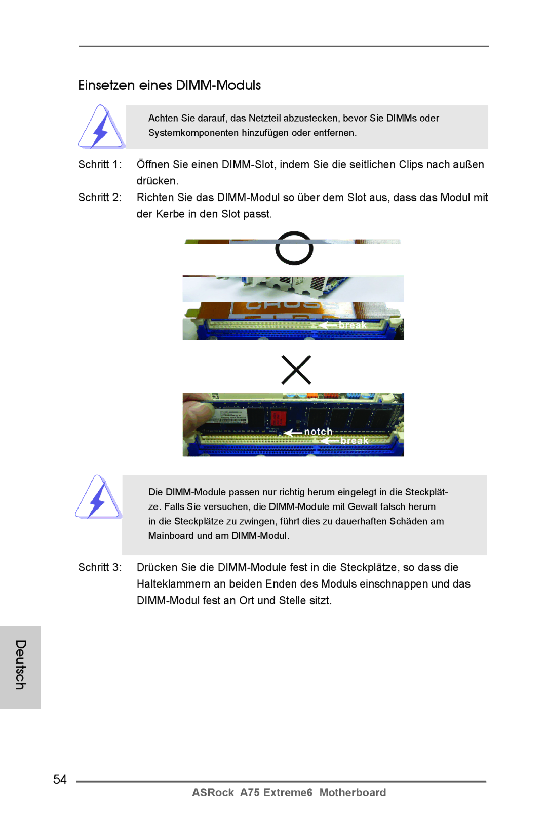 ASRock A75 Extreme6 manual Einsetzen eines DIMM-Moduls 
