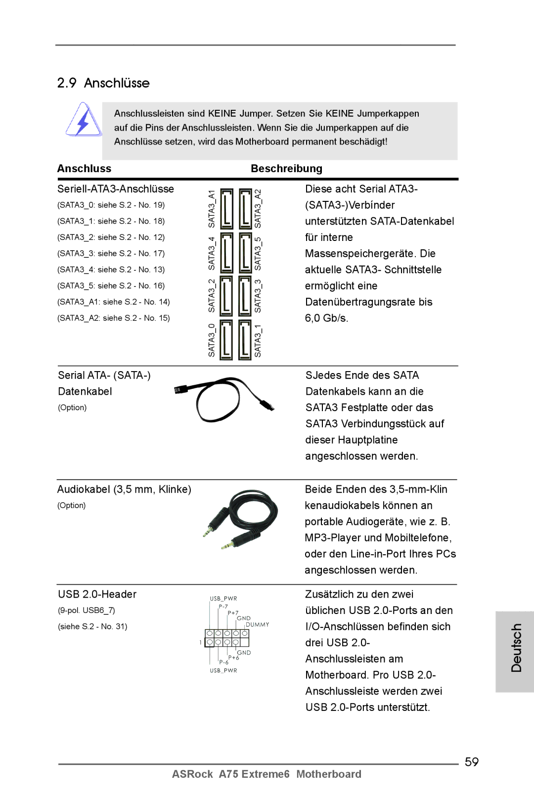 ASRock A75 Extreme6 manual Anschlüsse, AnschlussBeschreibung 