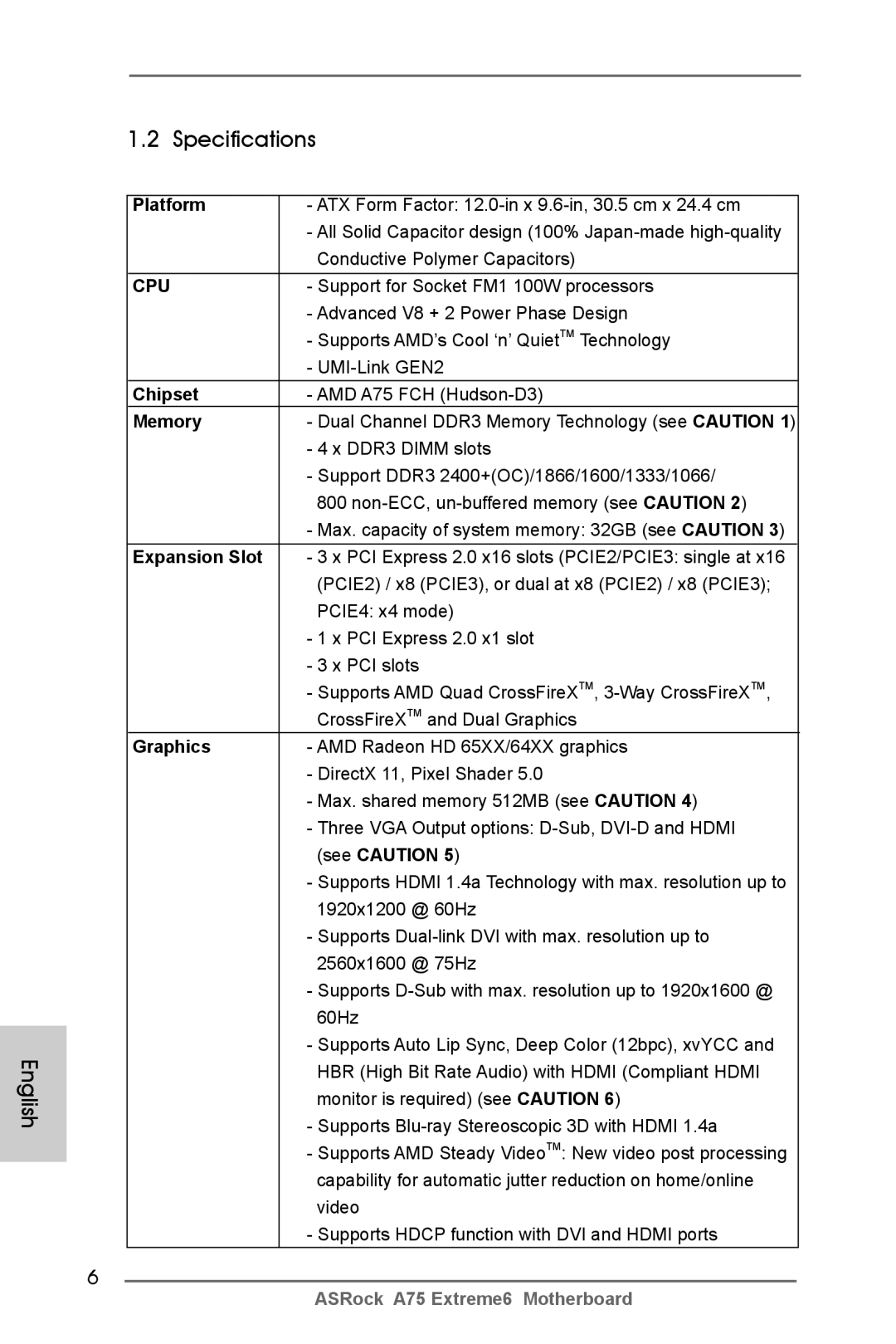 ASRock A75 Extreme6 manual English Specifications 