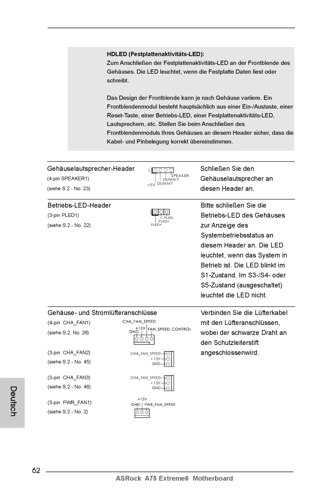 ASRock A75 Extreme6 Gehäuselautsprecher-Header Schließen Sie den, Diesen Header an, Gehäuse- und Stromlüfteranschlüsse 