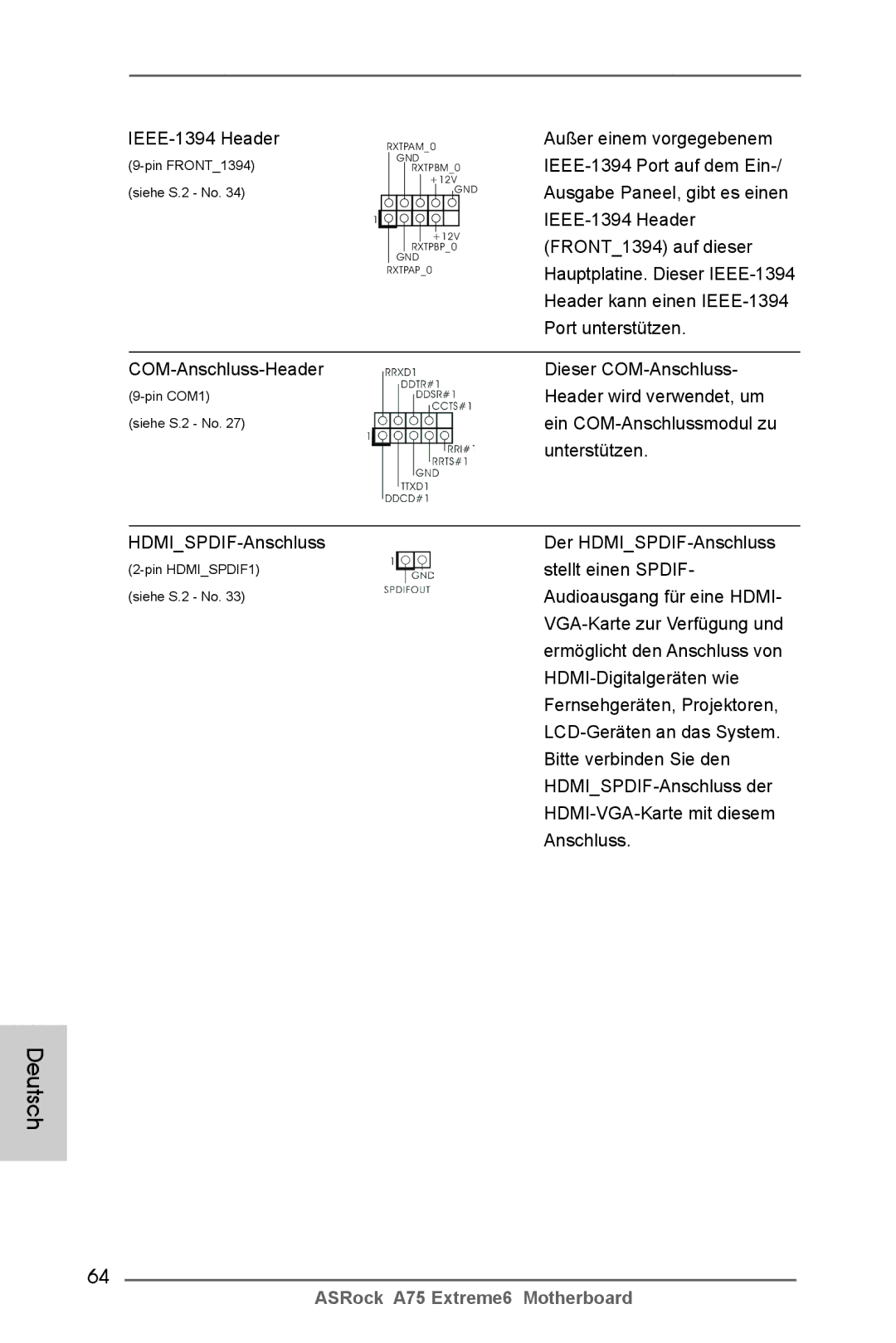 ASRock A75 Extreme6 manual IEEE-1394 Header, Header wird verwendet, um, Ein COM-Anschlussmodul zu, Unterstützen 