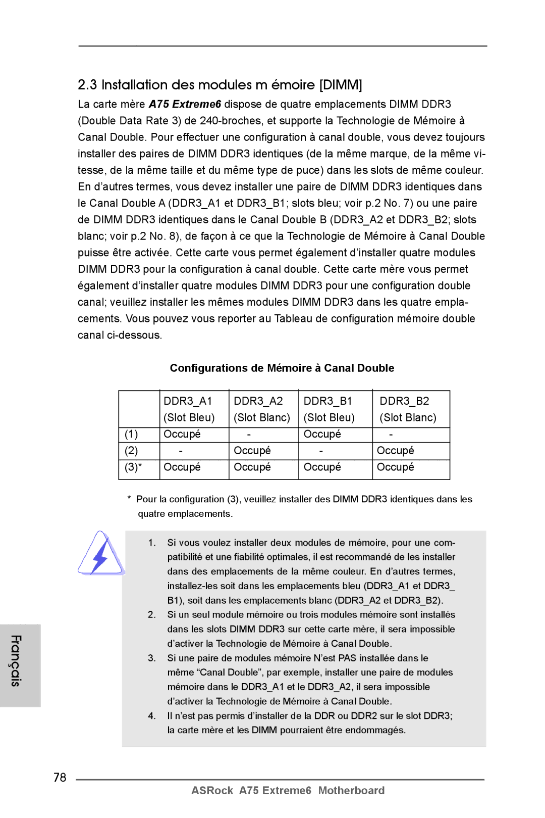 ASRock A75 Extreme6 manual Français Installation des modules m émoire Dimm, Configurations de Mémoire à Canal Double 