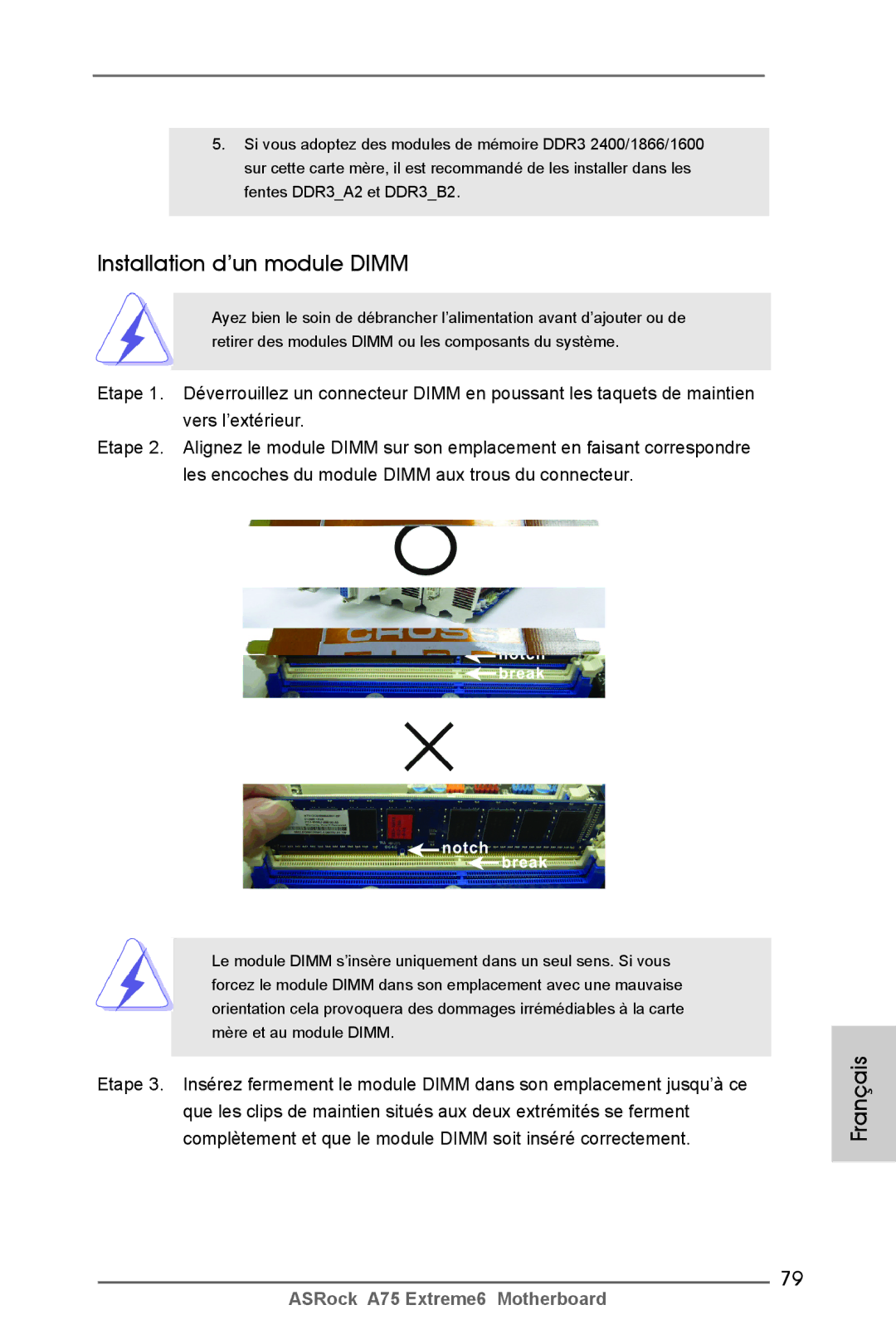 ASRock A75 Extreme6 manual Installation d’un module Dimm 