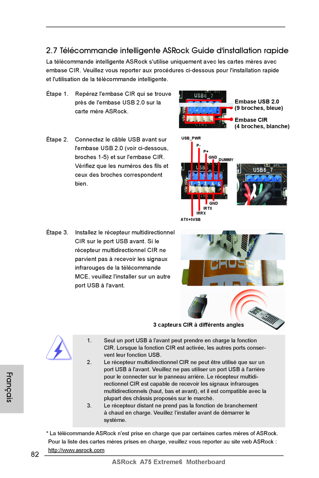 ASRock A75 Extreme6 manual Télécommande intelligente ASRock Guide dinstallation rapide, Capteurs CIR à différents angles 