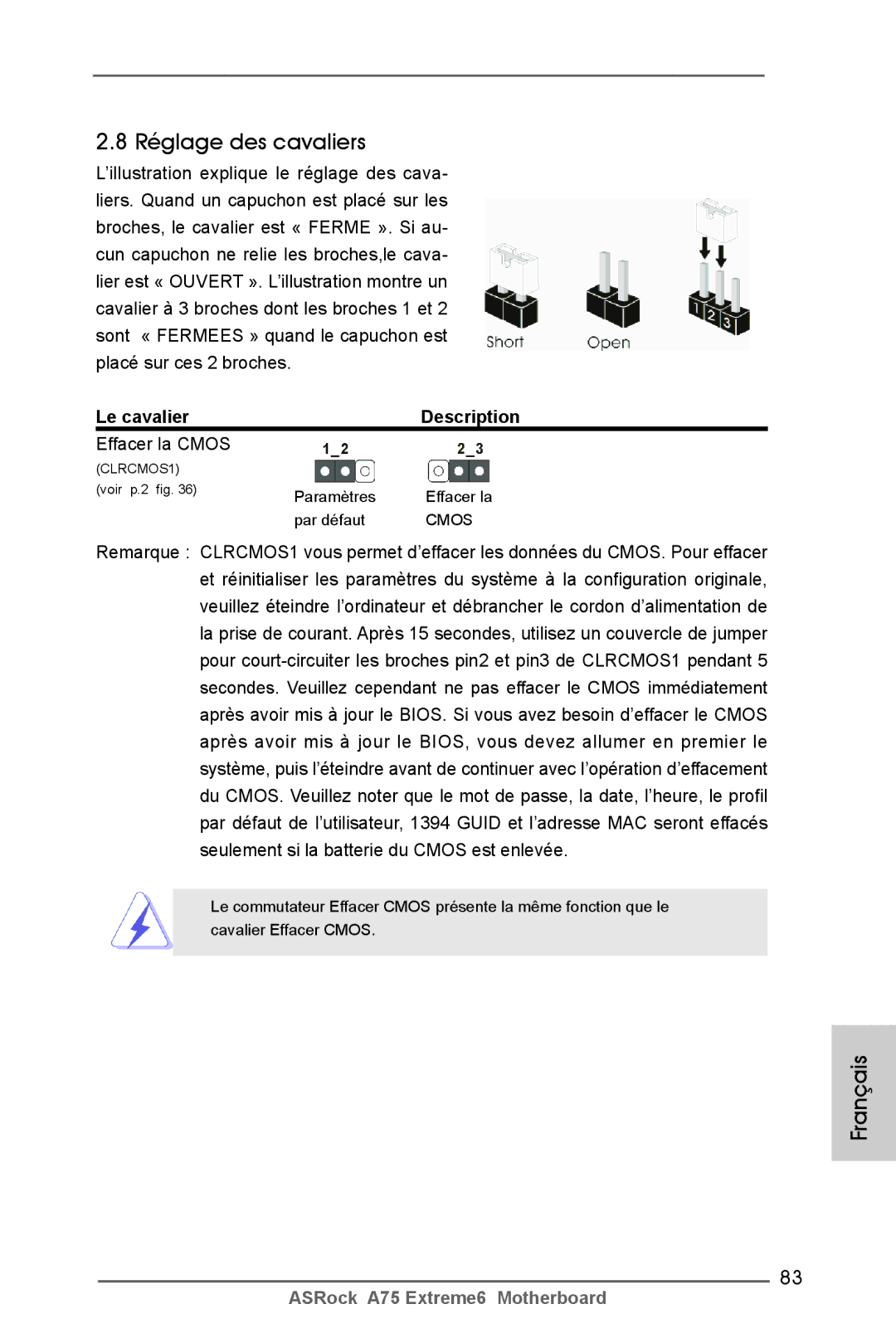 ASRock A75 Extreme6 manual Réglage des cavaliers, Le cavalier Description, Effacer la Cmos 