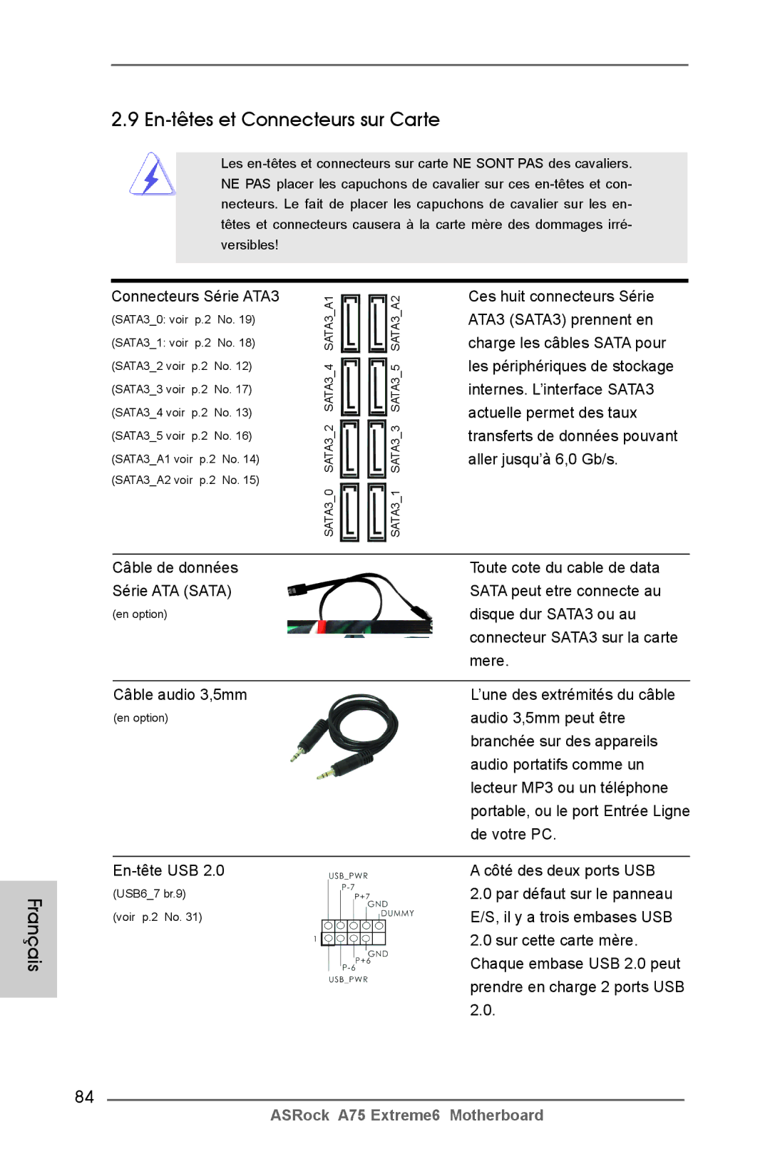 ASRock A75 Extreme6 manual En-têtes et Connecteurs sur Carte, Connecteurs Série ATA3, En-tête USB 