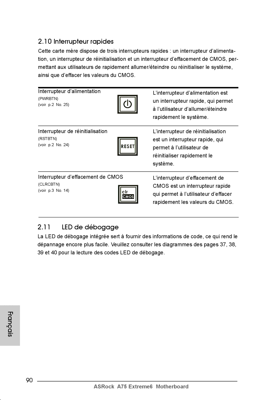 ASRock A75 Extreme6 manual Interrupteur rapides, LED de débogage 