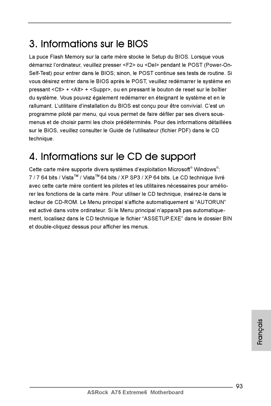 ASRock A75 Extreme6 manual Informations sur le Bios Informations sur le CD de support 