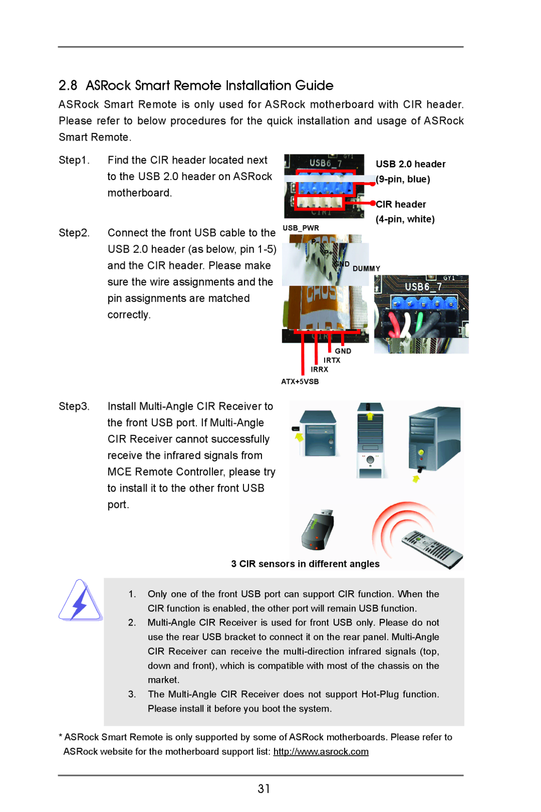 ASRock A75 Extreme6 manual ASRock Smart Remote Installation Guide, CIR sensors in different angles 