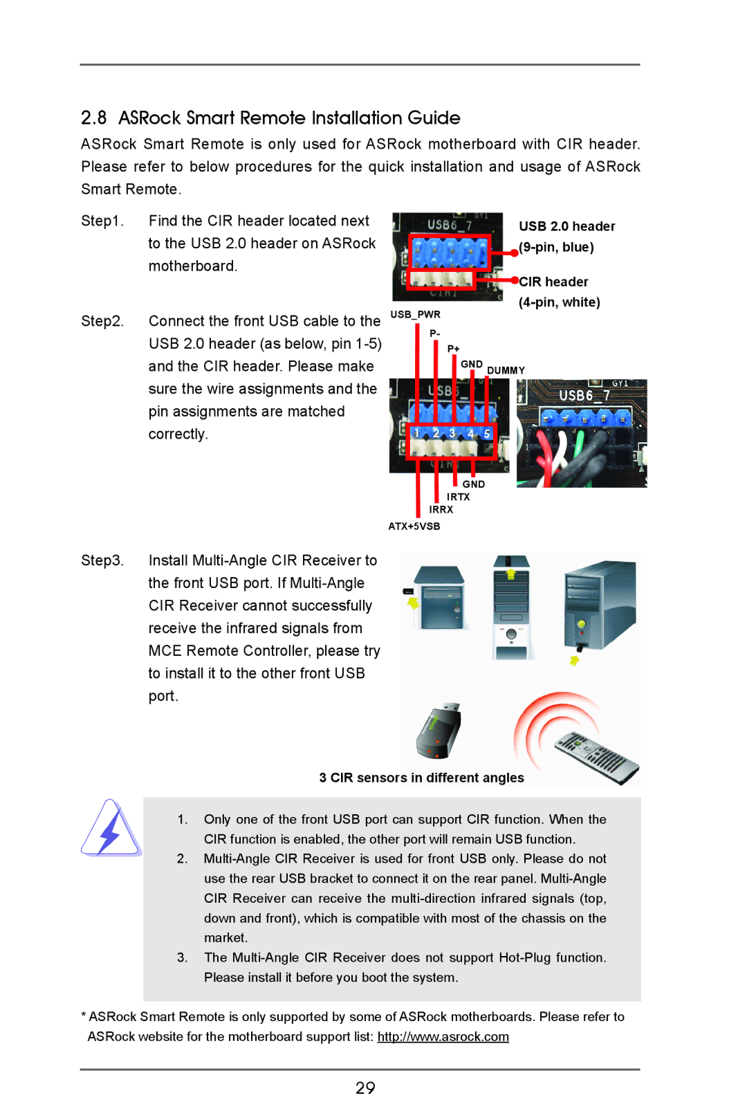 ASRock A75 Pro4-M manual ASRock Smart Remote Installation Guide, CIR sensors in different angles 