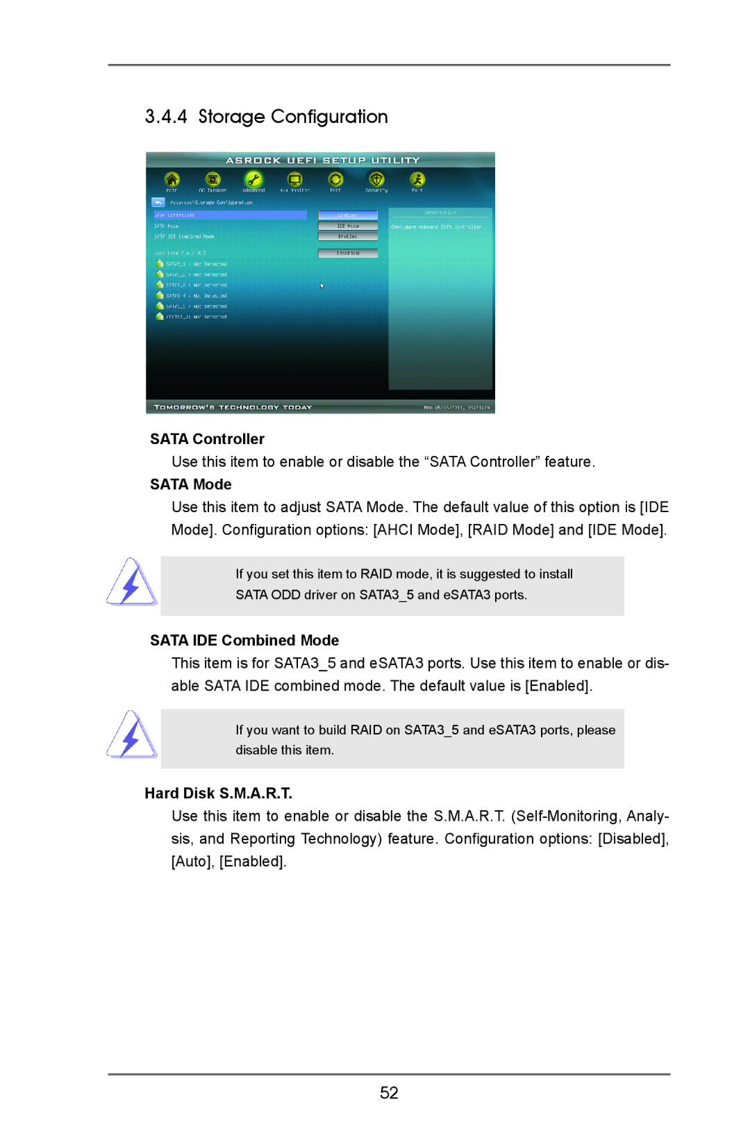 ASRock A75 Pro4-M manual Storage Configuration, Sata Controller, Sata Mode, Sata IDE Combined Mode, Hard Disk S.M.A.R.T 