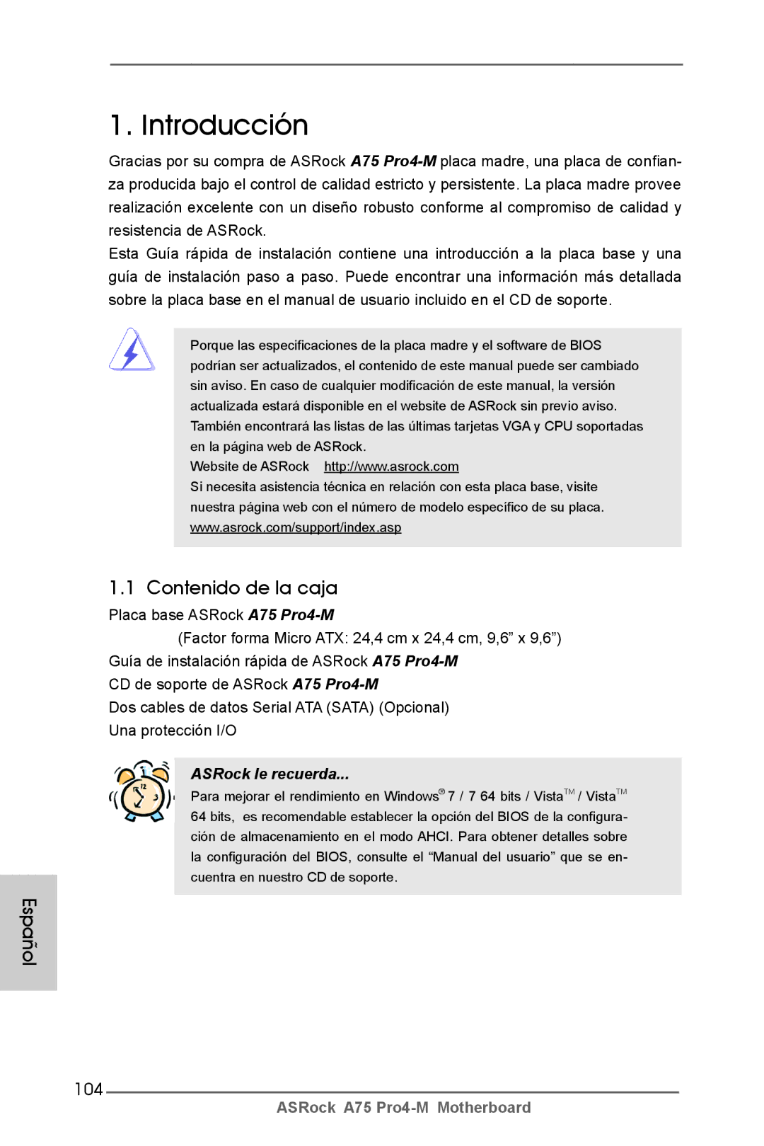 ASRock A75 Pro4-M manual Contenido de la caja, Español, 104 