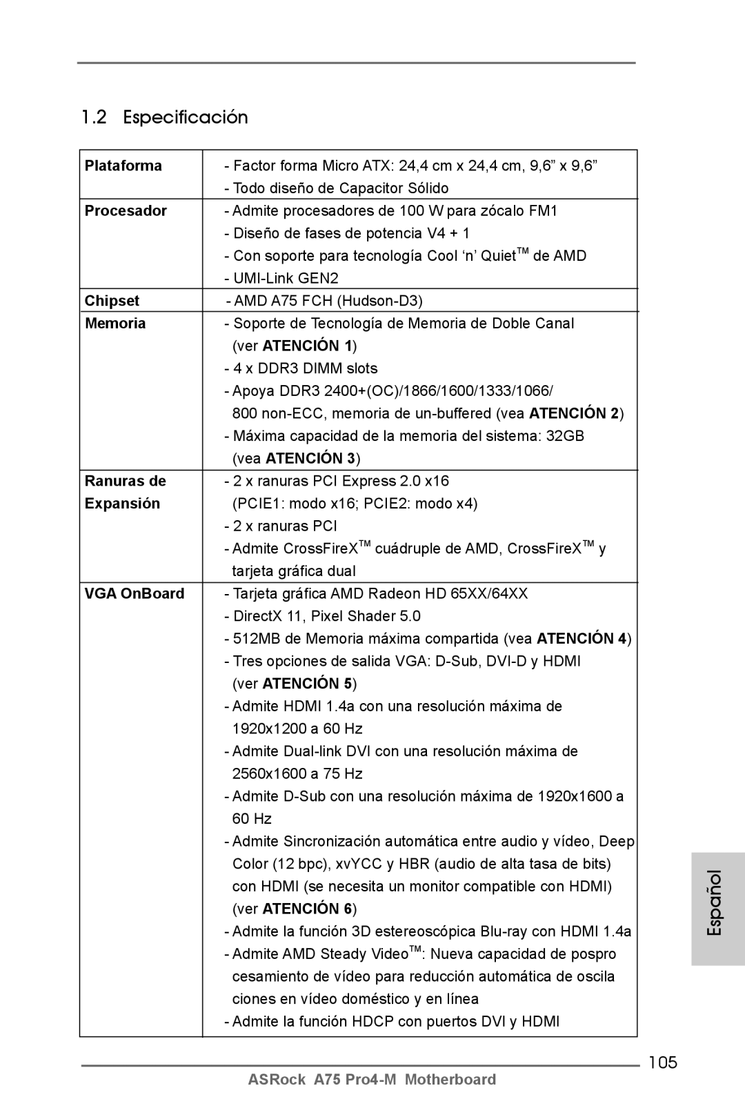 ASRock A75 Pro4-M manual Especificación, 105 