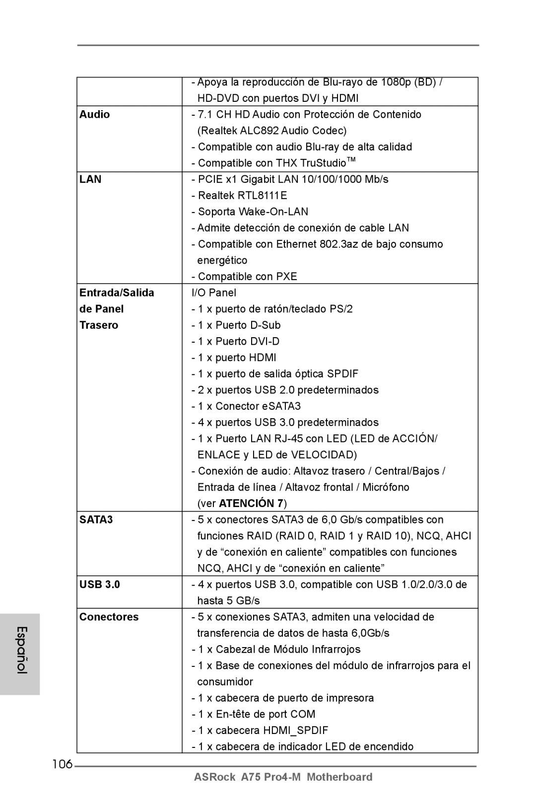 ASRock A75 Pro4-M manual 106, Entrada/Salida, De Panel, Trasero, Conectores 