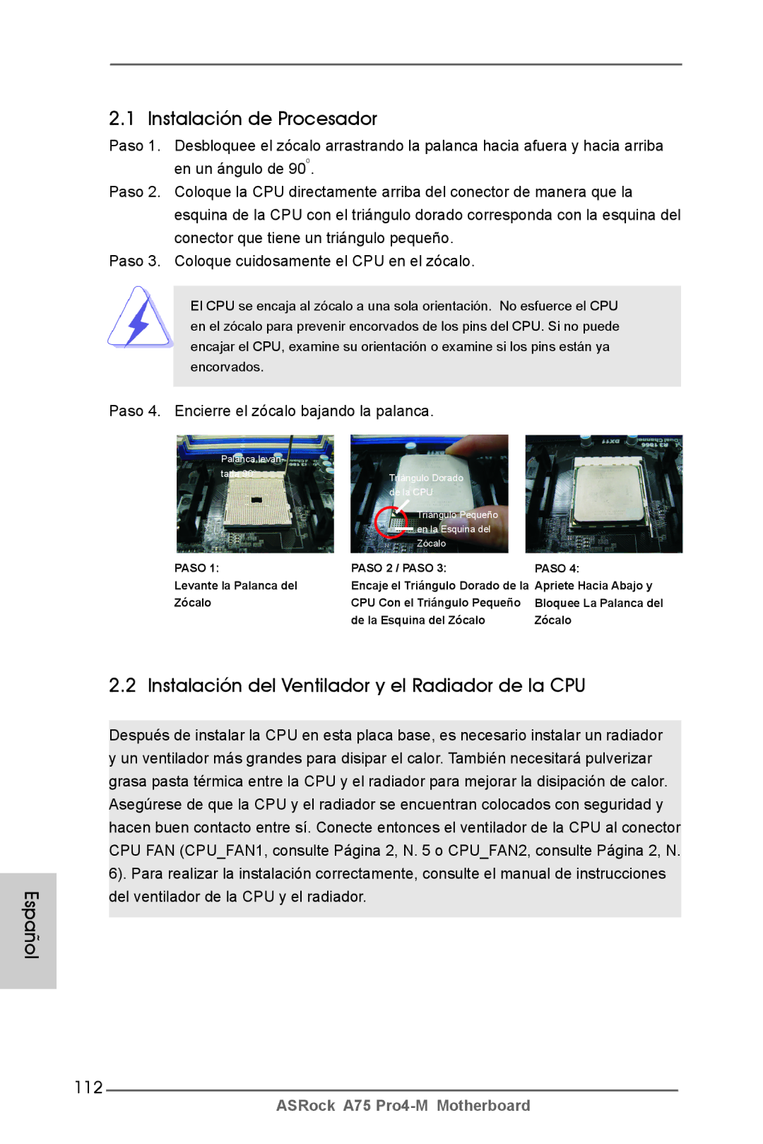 ASRock A75 Pro4-M manual Español Instalación de Procesador, Instalación del Ventilador y el Radiador de la CPU, 112 