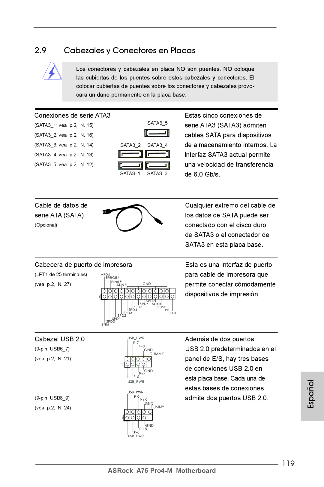 ASRock A75 Pro4-M manual Cabezales y Conectores en Placas, 119 