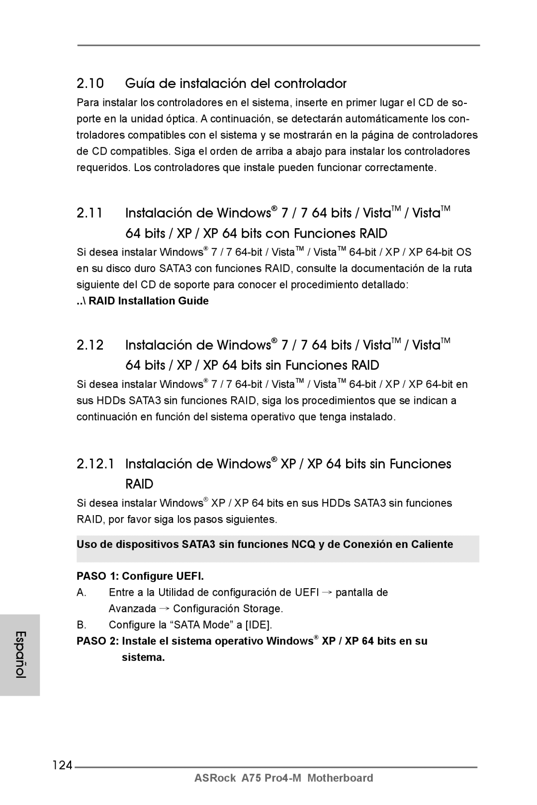 ASRock A75 Pro4-M Español 10 Guía de instalación del controlador, Instalación de Windows XP / XP 64 bits sin Funciones 