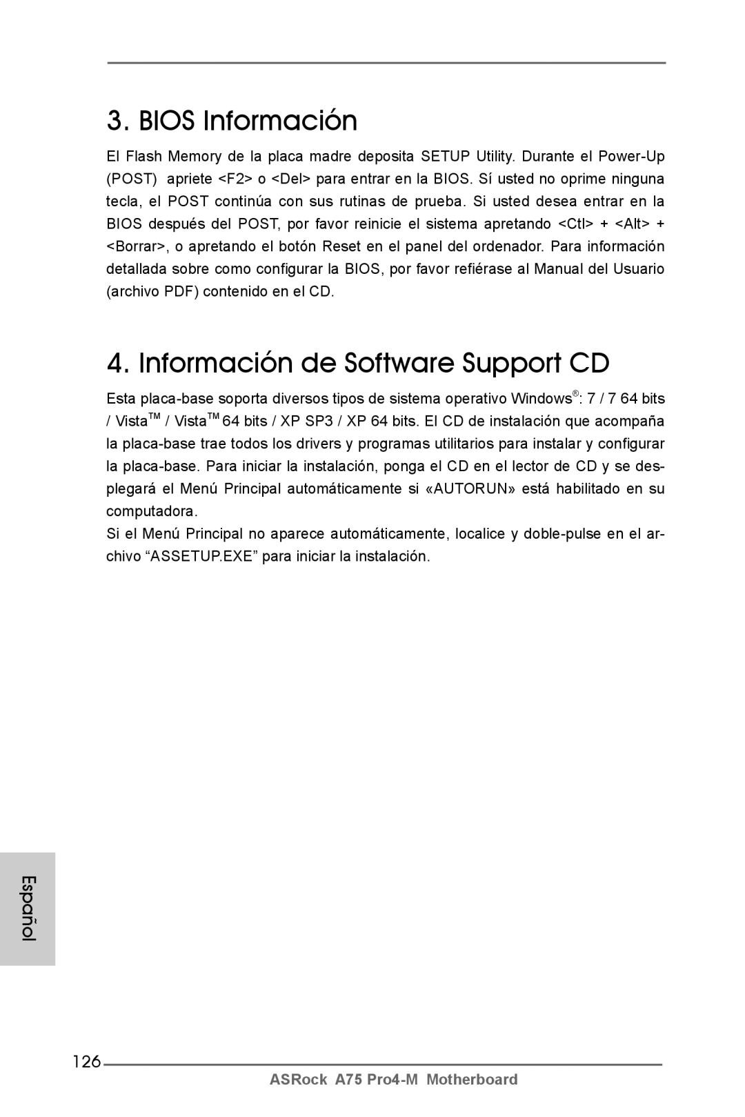 ASRock A75 Pro4-M manual Bios Información Información de Software Support CD, 126 