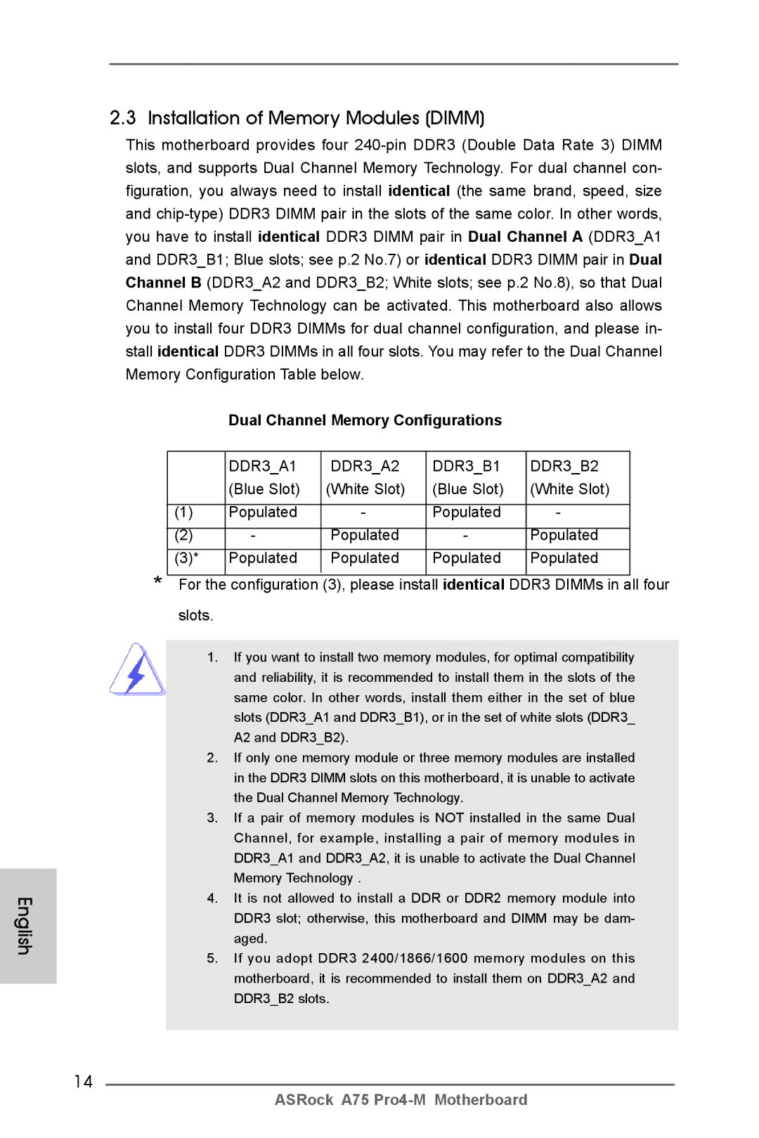 ASRock A75 Pro4-M manual English Installation of Memory Modules Dimm, Dual Channel Memory Configurations 