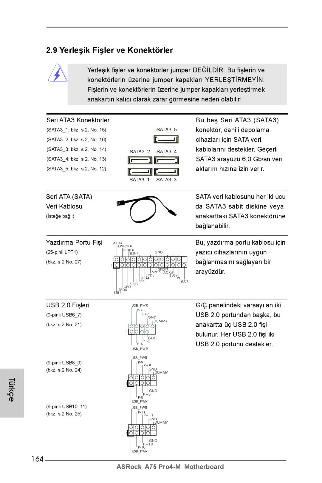 ASRock A75 Pro4-M manual Yerleşik Fişler ve Konektörler, 164 