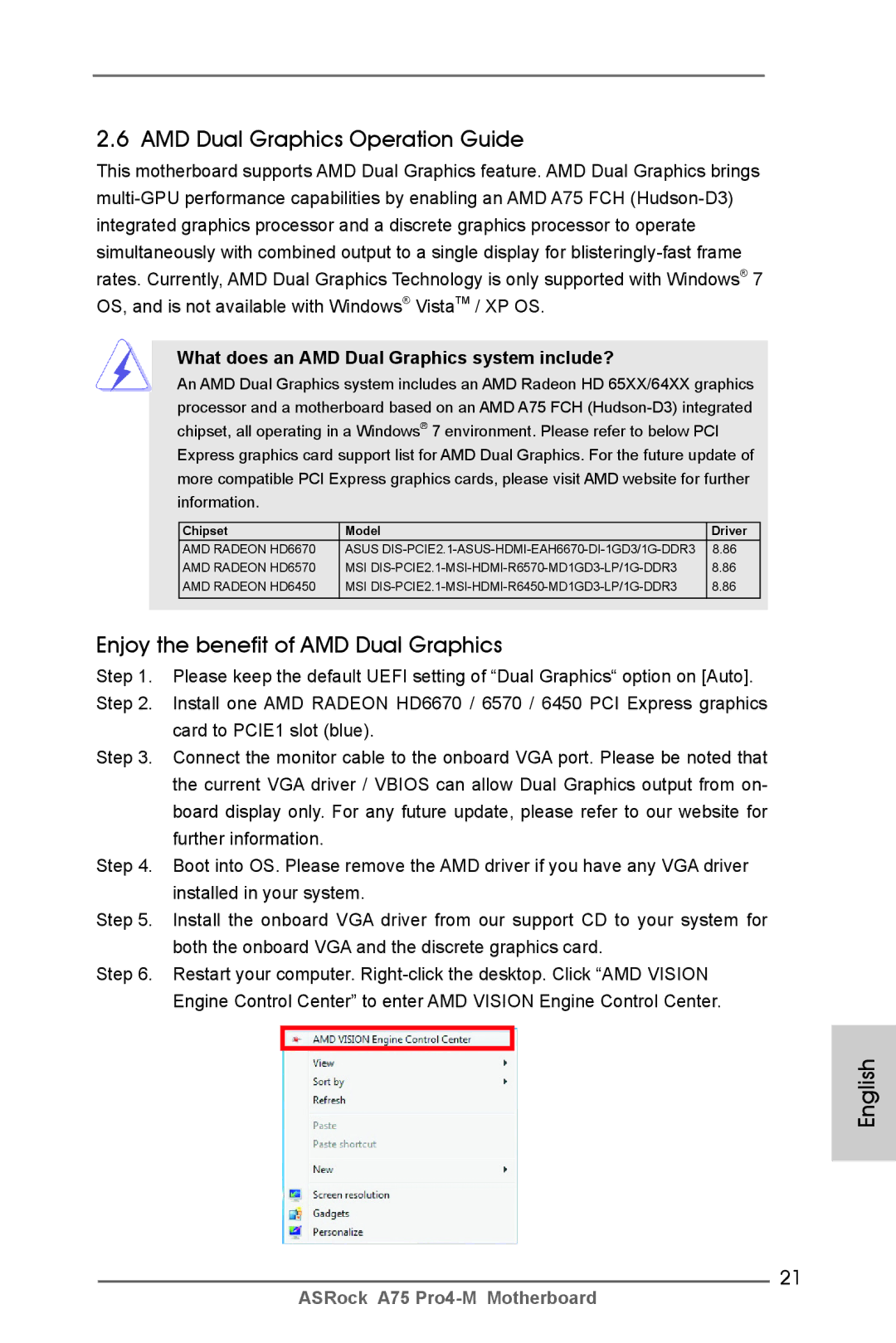 ASRock A75 Pro4-M manual AMD Dual Graphics Operation Guide, Enjoy the benefit of AMD Dual Graphics 