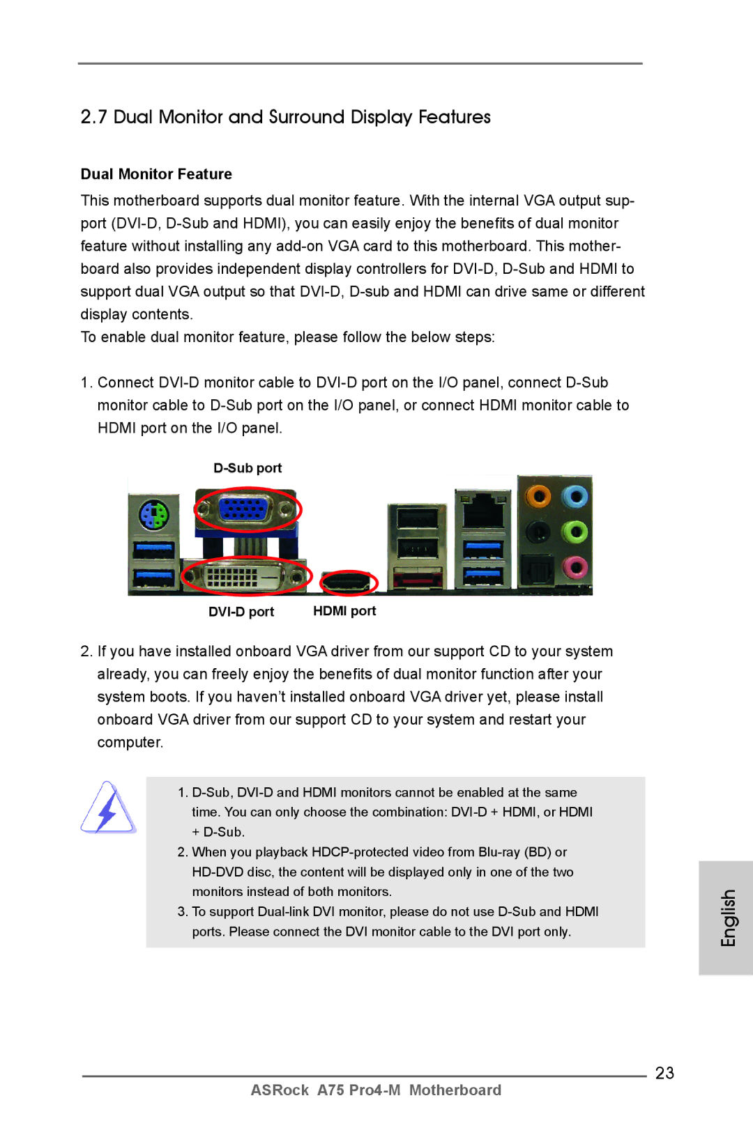ASRock A75 Pro4-M manual Dual Monitor and Surround Display Features, Dual Monitor Feature, Sub port DVI-D port 