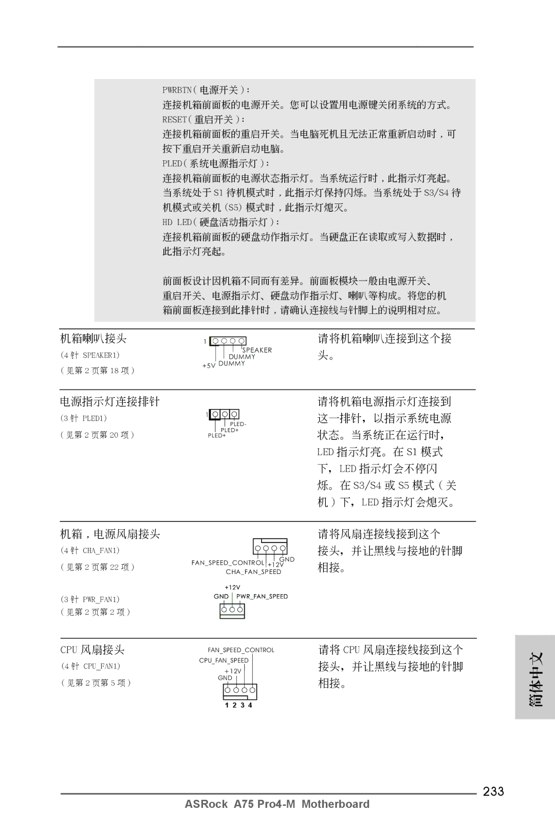 ASRock A75 Pro4-M manual 233, Cpu 風扇接頭 