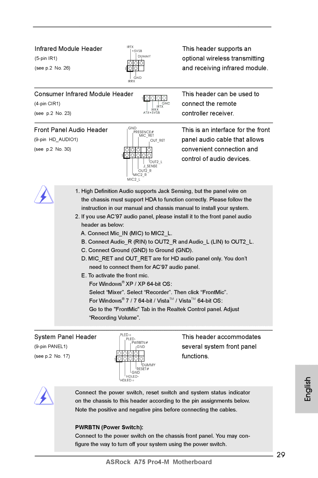 ASRock A75 Pro4-M Infrared Module Header, This header supports an, Optional wireless transmitting, Connect the remote 