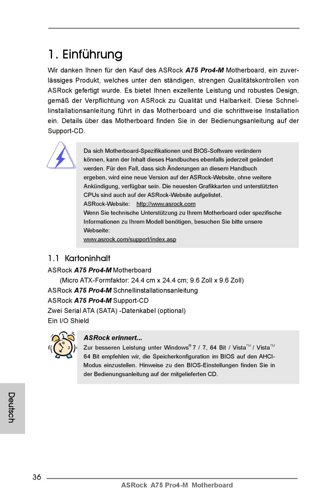 ASRock A75 Pro4-M manual Kartoninhalt, Deutsch 