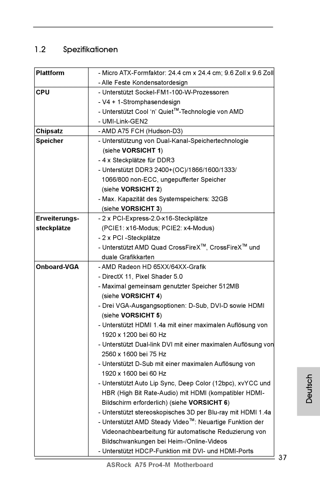 ASRock A75 Pro4-M manual Spezifikationen 