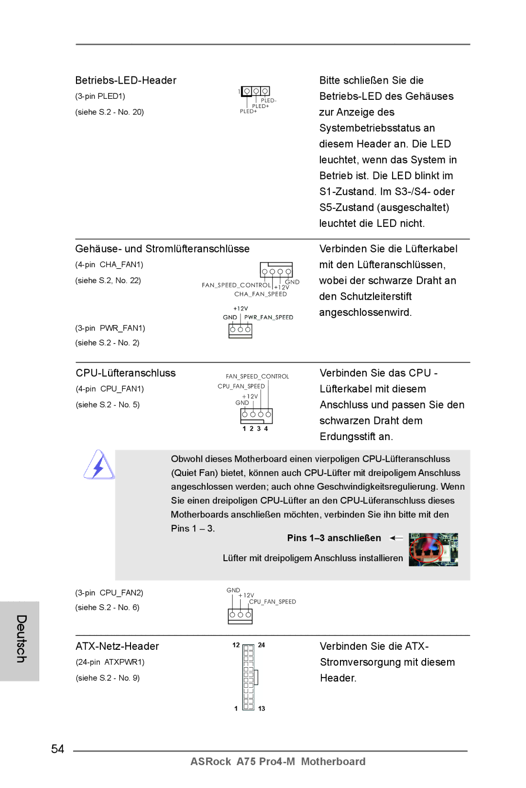 ASRock A75 Pro4-M manual CPU-Lüfteranschluss, ATX-Netz-Header Verbinden Sie die ATX, Pins 1-3 anschließen 