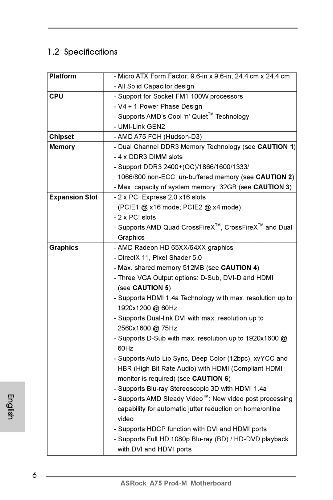 ASRock A75 Pro4-M manual English Specifications 