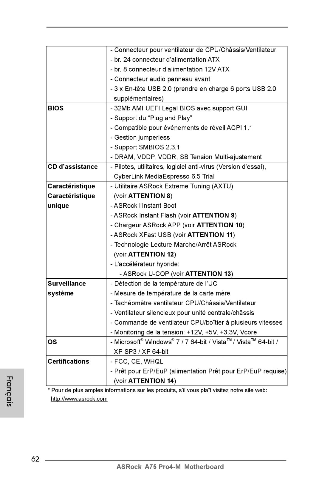 ASRock A75 Pro4-M manual CD d’assistance, Caractéristique Voir Attention Unique, Surveillance, Système 