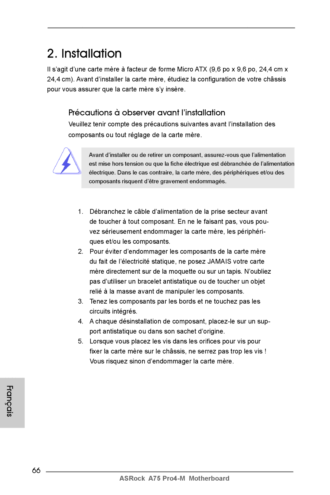 ASRock A75 Pro4-M manual Précautions à observer avant l’installation 