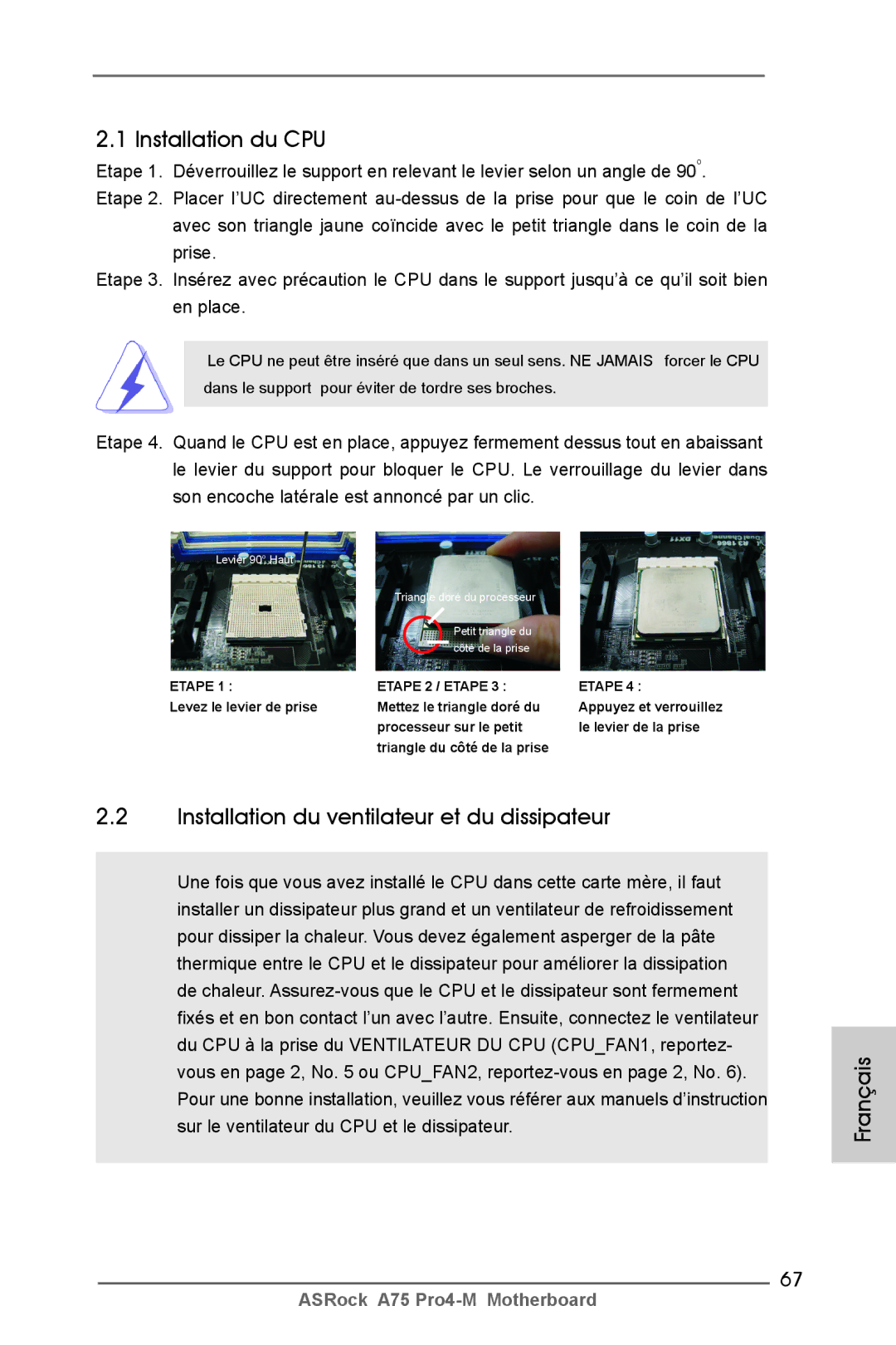 ASRock A75 Pro4-M manual Installation du CPU, Installation du ventilateur et du dissipateur 