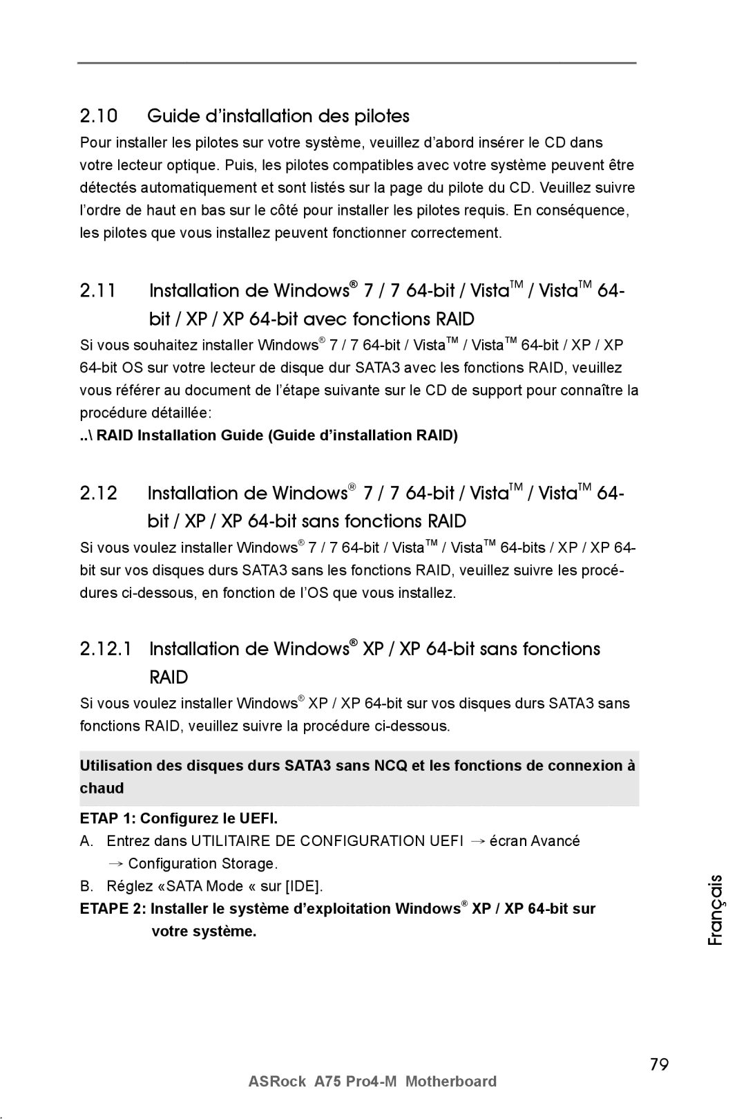 ASRock A75 Pro4-M manual Guide d’installation des pilotes, Installation de Windows XP / XP 64-bit sans fonctions 