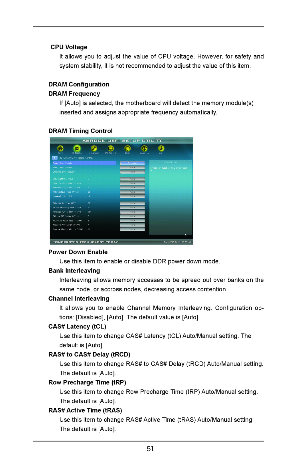 ASRock A75 Pro4/MVP manual CPU Voltage, Dram Configuration Dram Frequency, Dram Timing Control Power Down Enable 