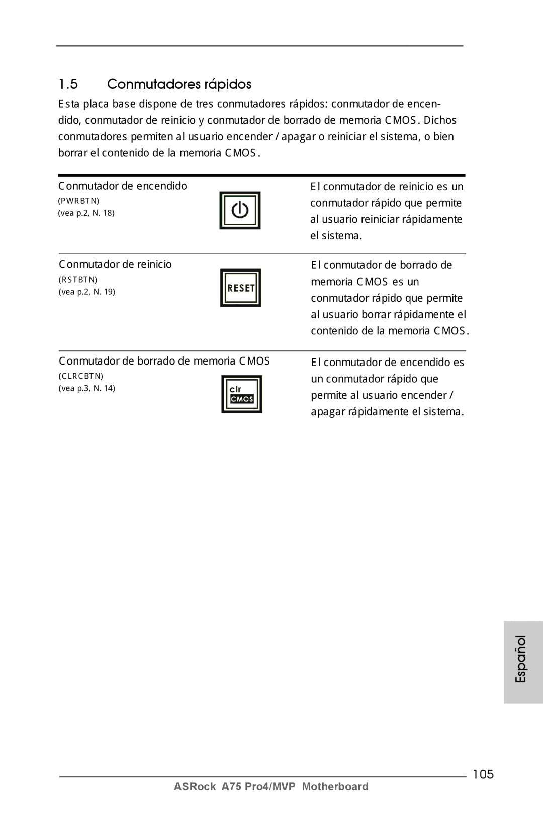 ASRock A75 Pro4/MVP manual Conmutadores rápidos, 105 