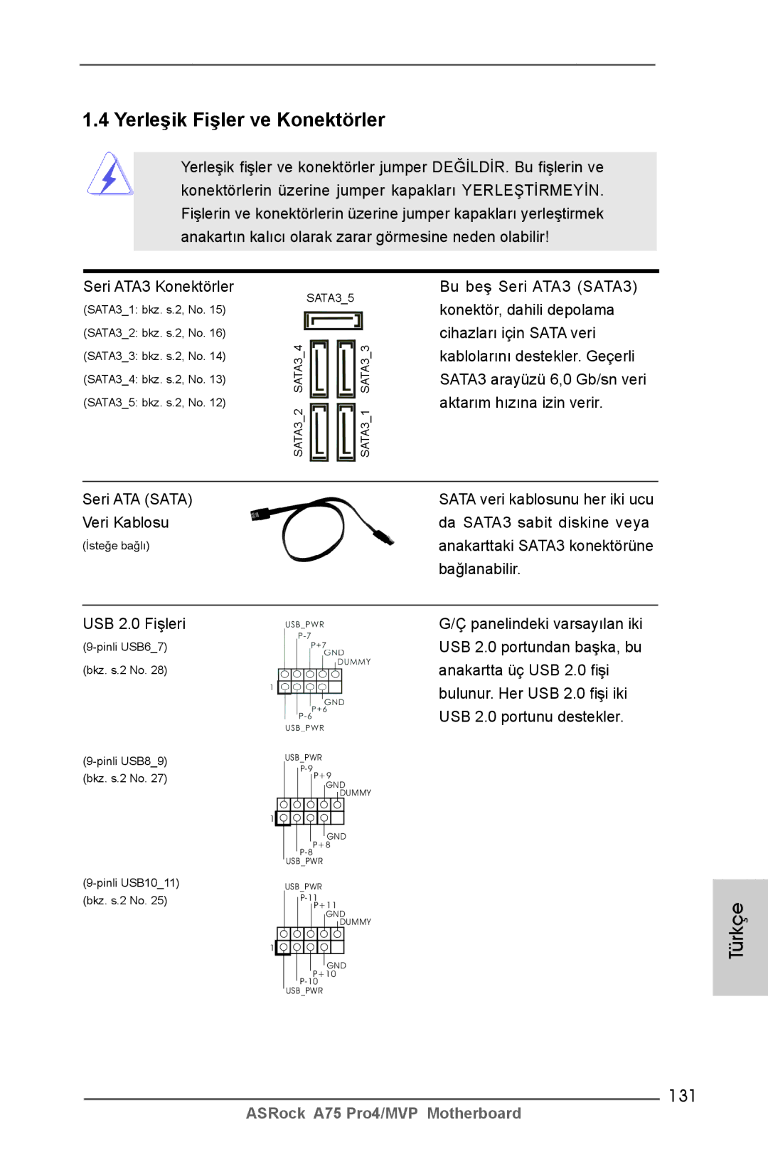 ASRock A75 Pro4/MVP manual 131, Seri ATA Sata Veri Kablosu, Anakartta üç USB 2.0 fişi, Bulunur. Her USB 2.0 fişi iki 