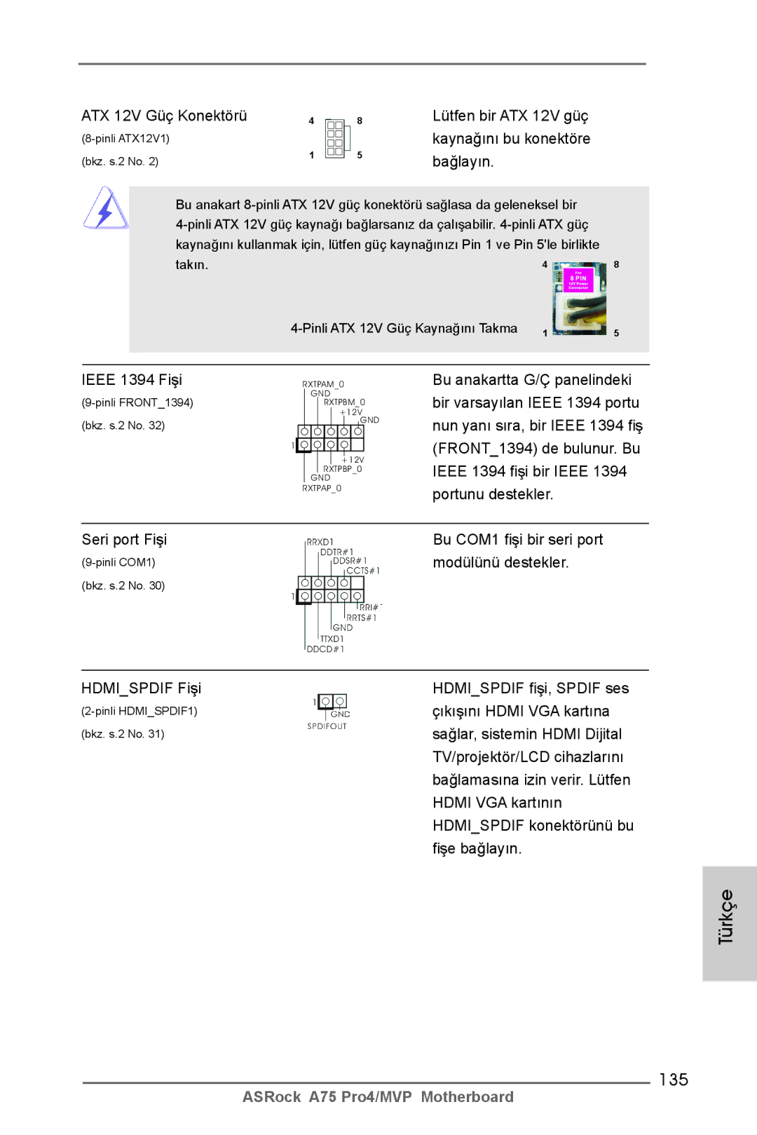 ASRock A75 Pro4/MVP manual 135, ATX 12V Güç Konektörü 