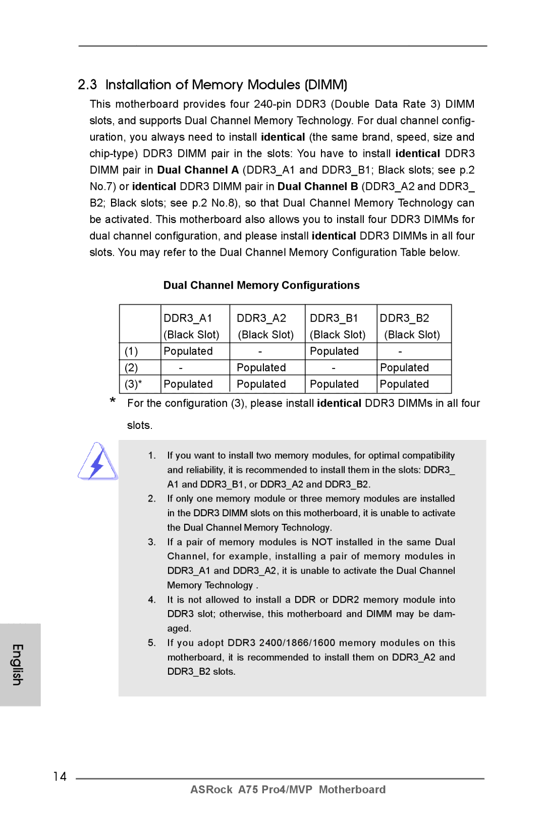 ASRock A75 Pro4/MVP manual English Installation of Memory Modules Dimm, Dual Channel Memory Configurations 