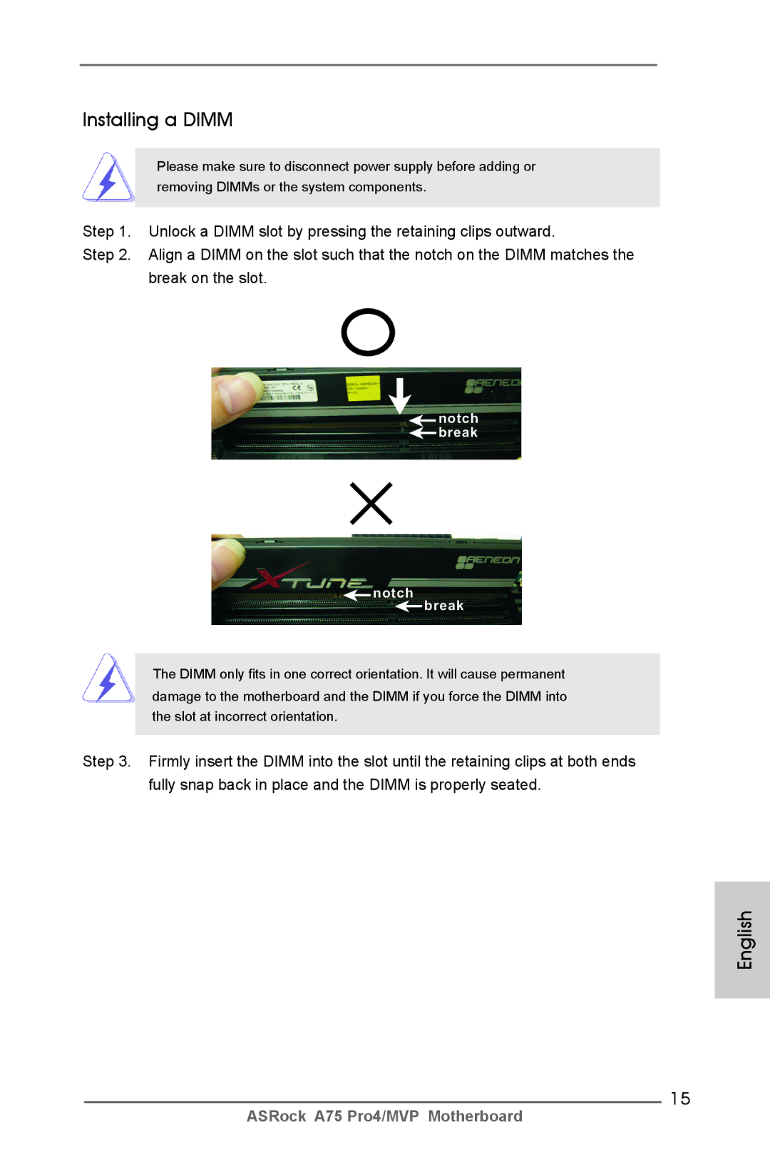 ASRock A75 Pro4/MVP manual Installing a Dimm, Notch break Break 