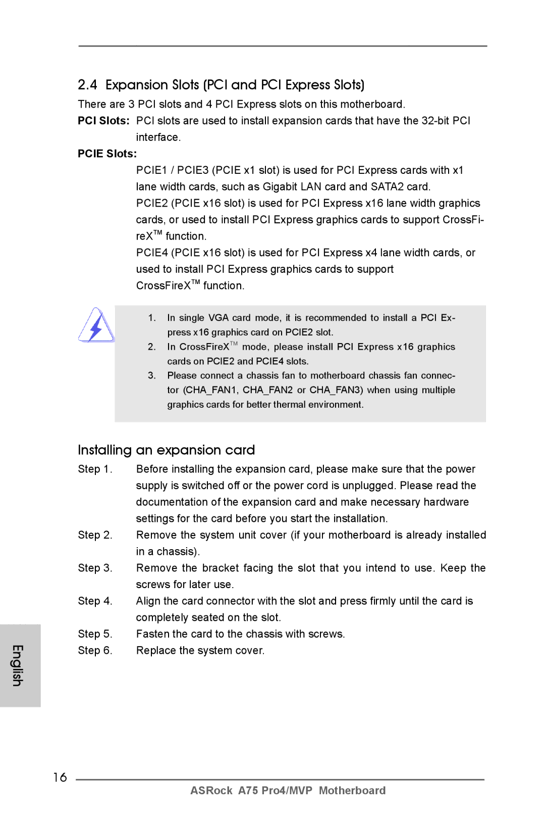 ASRock A75 Pro4/MVP manual English Expansion Slots PCI and PCI Express Slots, Installing an expansion card, Pcie Slots 