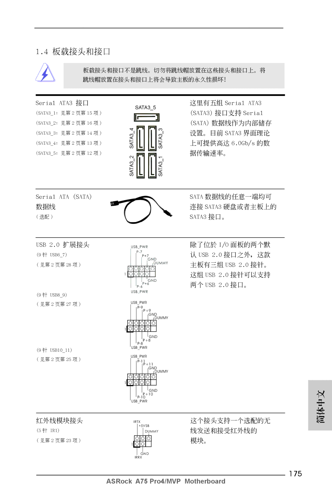 ASRock A75 Pro4/MVP manual 175, Serial ATA3 接口, Serial ATA Sata, SATA3 接口。 USB 2.0 擴展接頭, 兩個 USB 2.0 接口。 